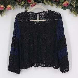 Bebe Black and Blue Contrast-Sleeve Lace Blouse Size XL